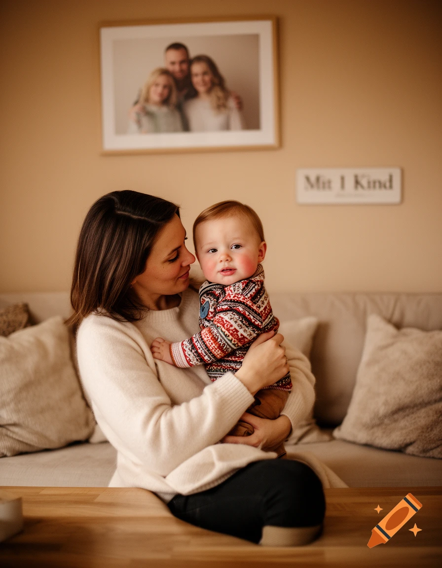 A mother tenderly holds her baby, who looks directly at the camera. A framed family photo hangs on the wall behind them.