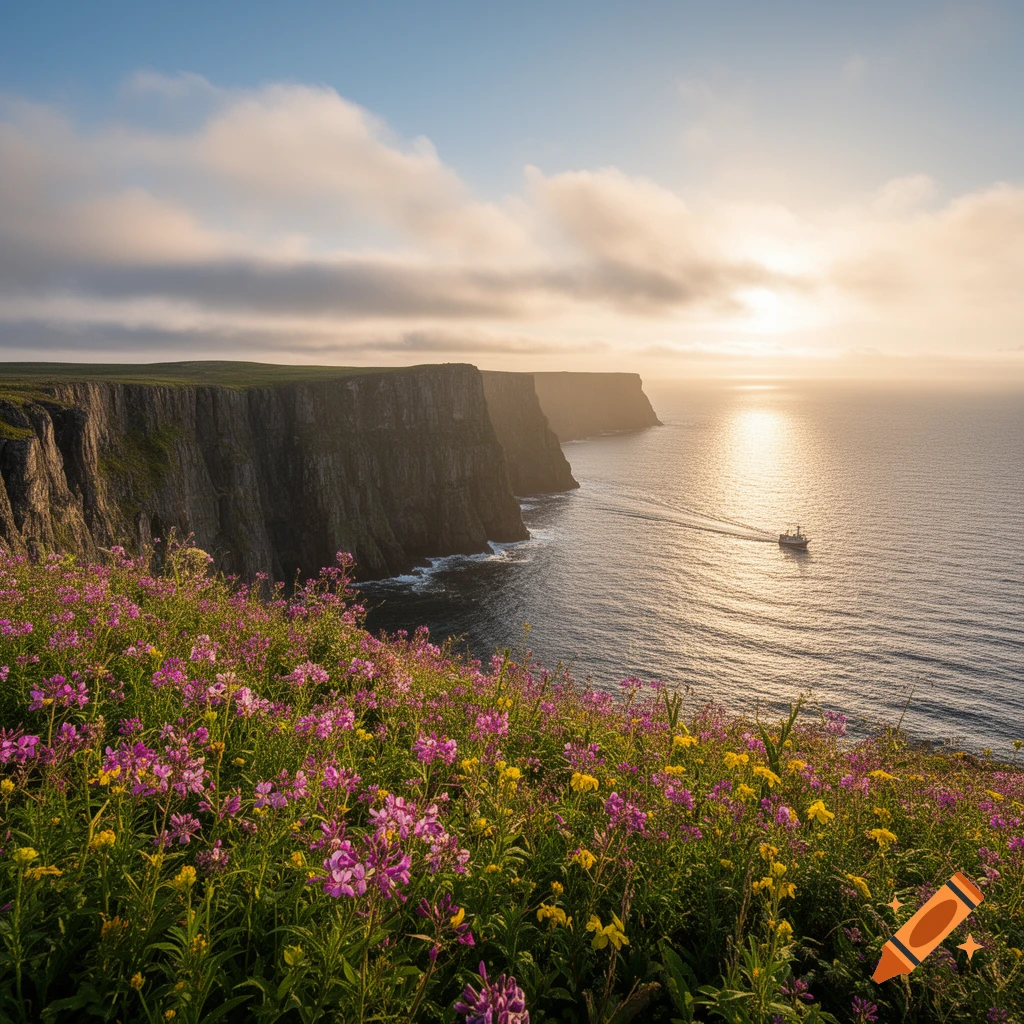 Photorealistic image of dramatic sea cliffs covered in purple and yellow wildflowers, overlooking a calm ocean with a boat at sunrise.