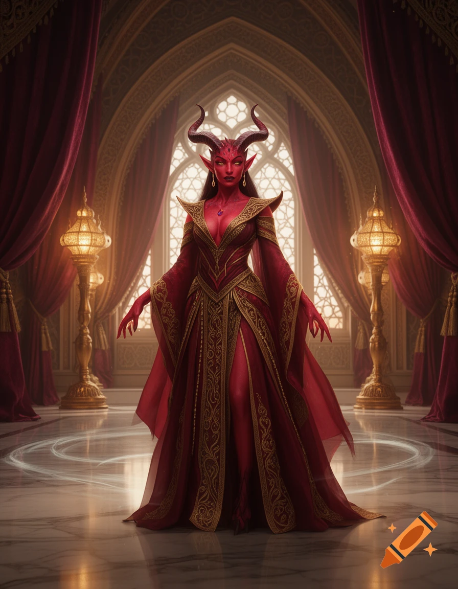Majestic red-skinned tiefling woman in an elaborate red and gold dress within an opulent, vaulted chamber, digital art.