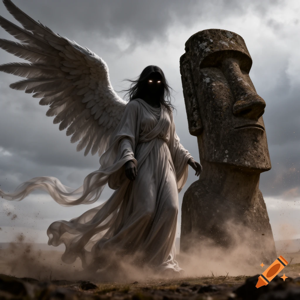 A dark angel with glowing eyes and large white wings stands beside a weathered Easter Island head under a cloudy, gloomy sky, with dust rising.