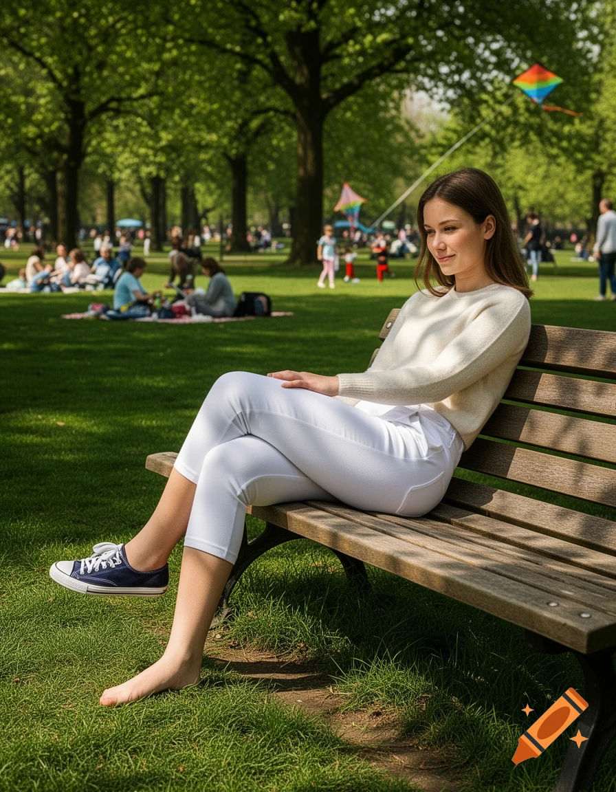 A young woman in a white sweater and capri pants sits on a park bench, one shoe off, observing others in a sunny park with green trees and flying kites.