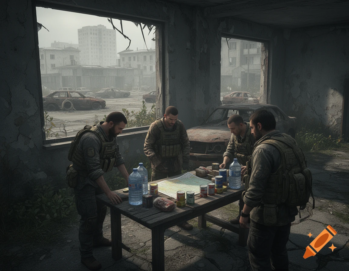 Four soldiers in tactical gear gather around a table with a map and supplies in a ruined, fog-laden urban environment, photorealistic style.