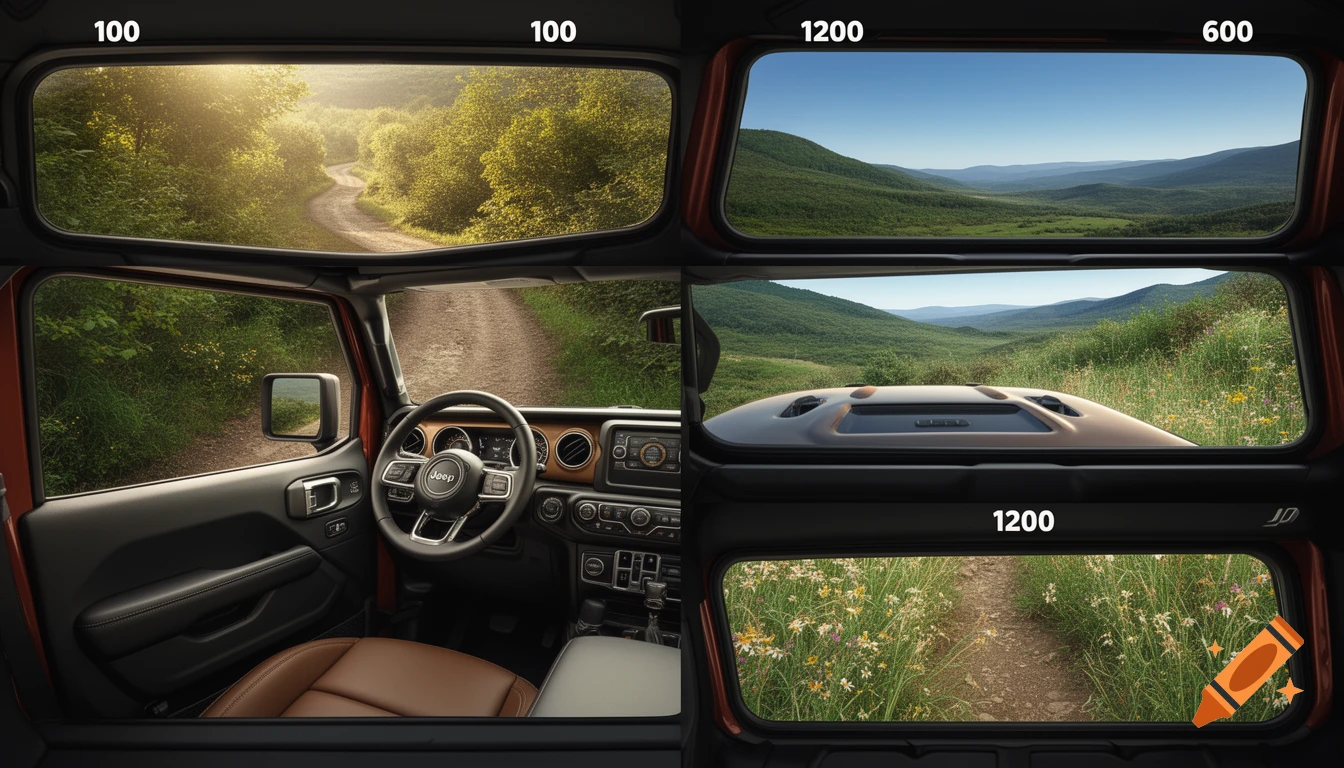 A six-panel collage showing various views from inside a Jeep, including lush green landscapes, a winding dirt road, and the vehicle's interior. Numbers like 100, 1200, and 600 are used to label the panels.