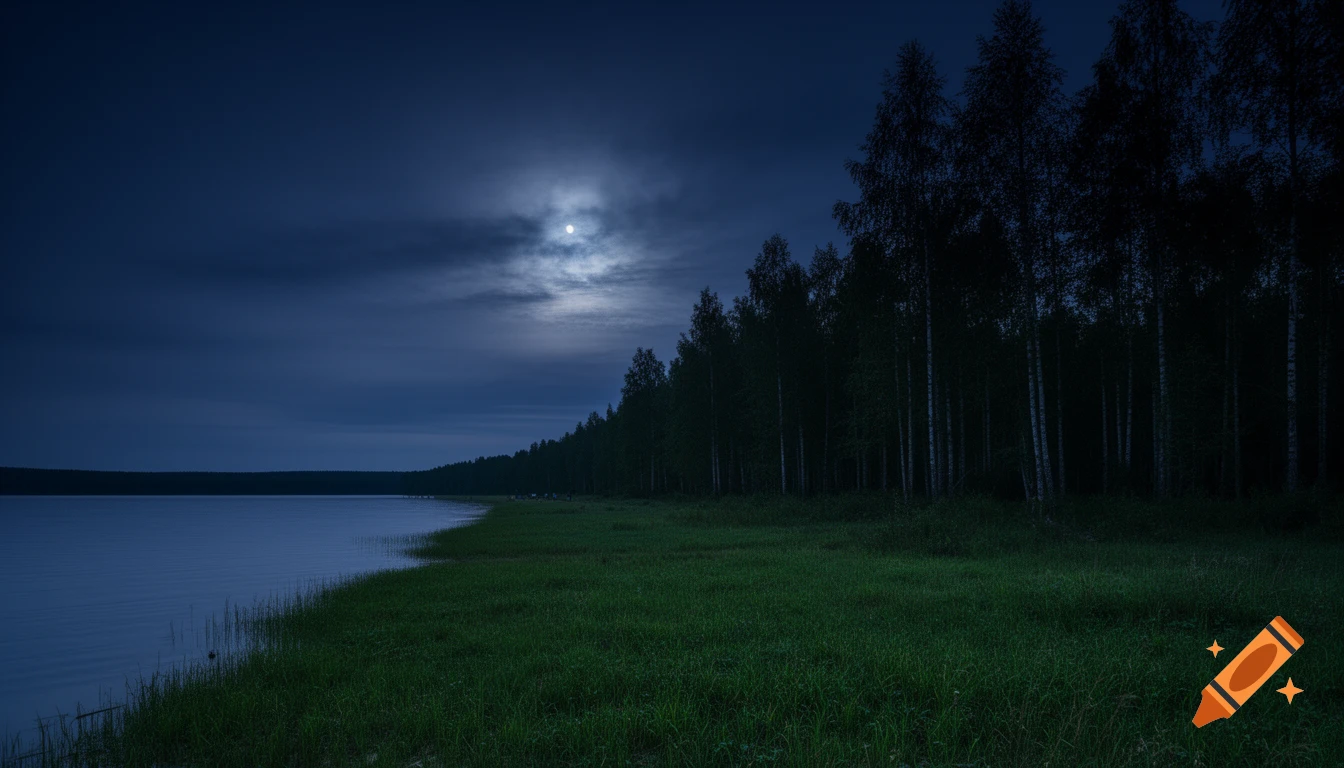 Moonlit night landscape of a serene lake next to a dark forest and grassy shore under a cloudy sky.