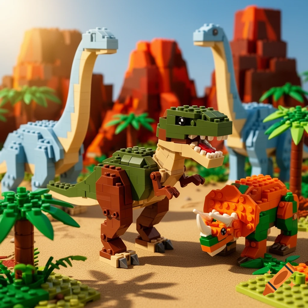 A green Lego T-Rex and orange Triceratops facing off, with two blue long-necked dinosaurs and brick mountains in a sandy prehistoric scene.