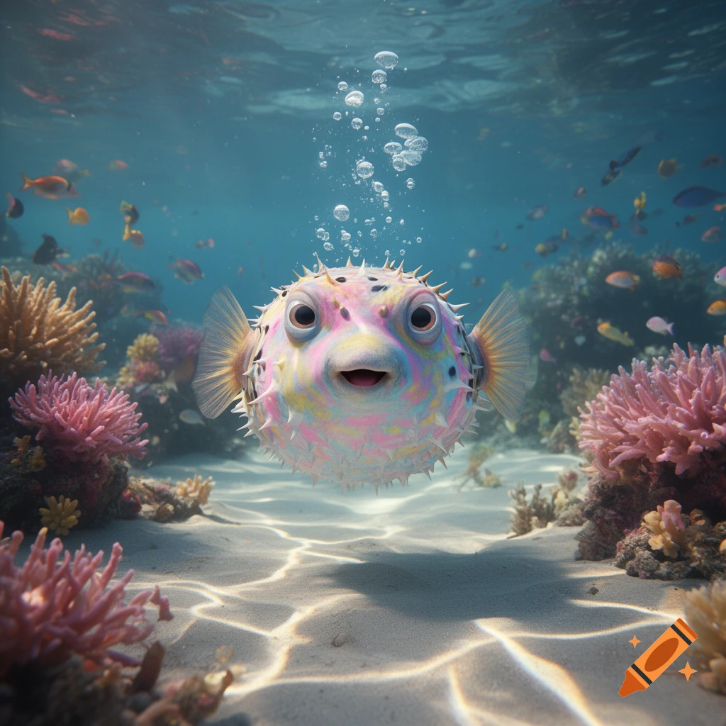 A vibrant, multi-colored pufferfish with a happy expression floats underwater amidst coral reefs, blowing bubbles.