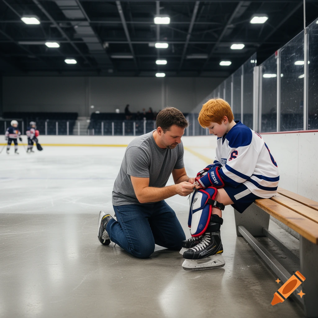 A father kneels, lacing his son's hockey skates while the son sits on a bench, strapping on pads at an ice rink.