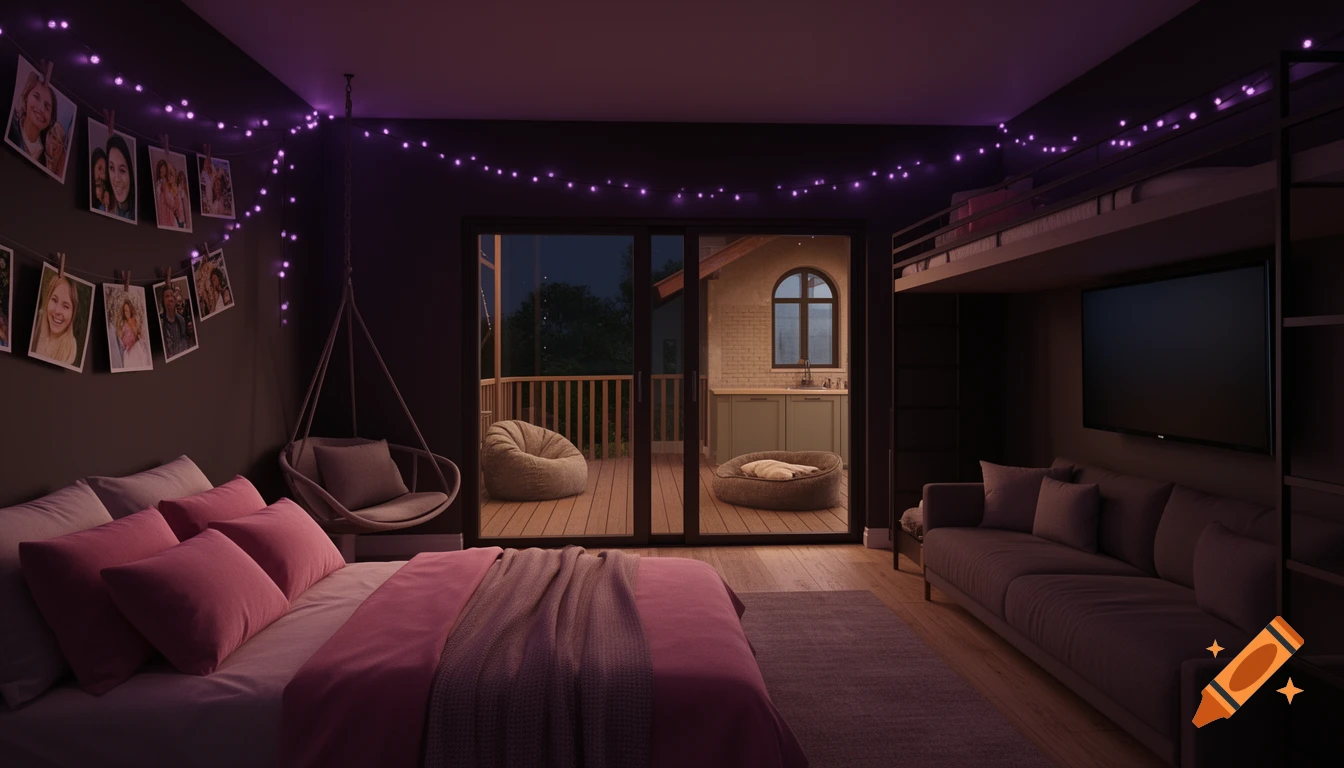 A cozy, dimly lit bedroom at night with pink bedding, purple string lights, photos, a swing chair, a bunk bed, and a view to a deck.