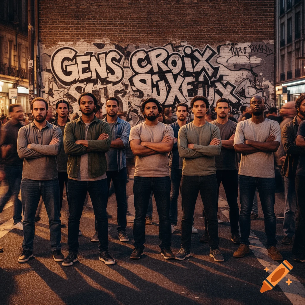 A group of men with crossed arms stand in a street in front of a brick wall covered in graffiti that reads "GENS CROIX SUXEUX" at dusk.