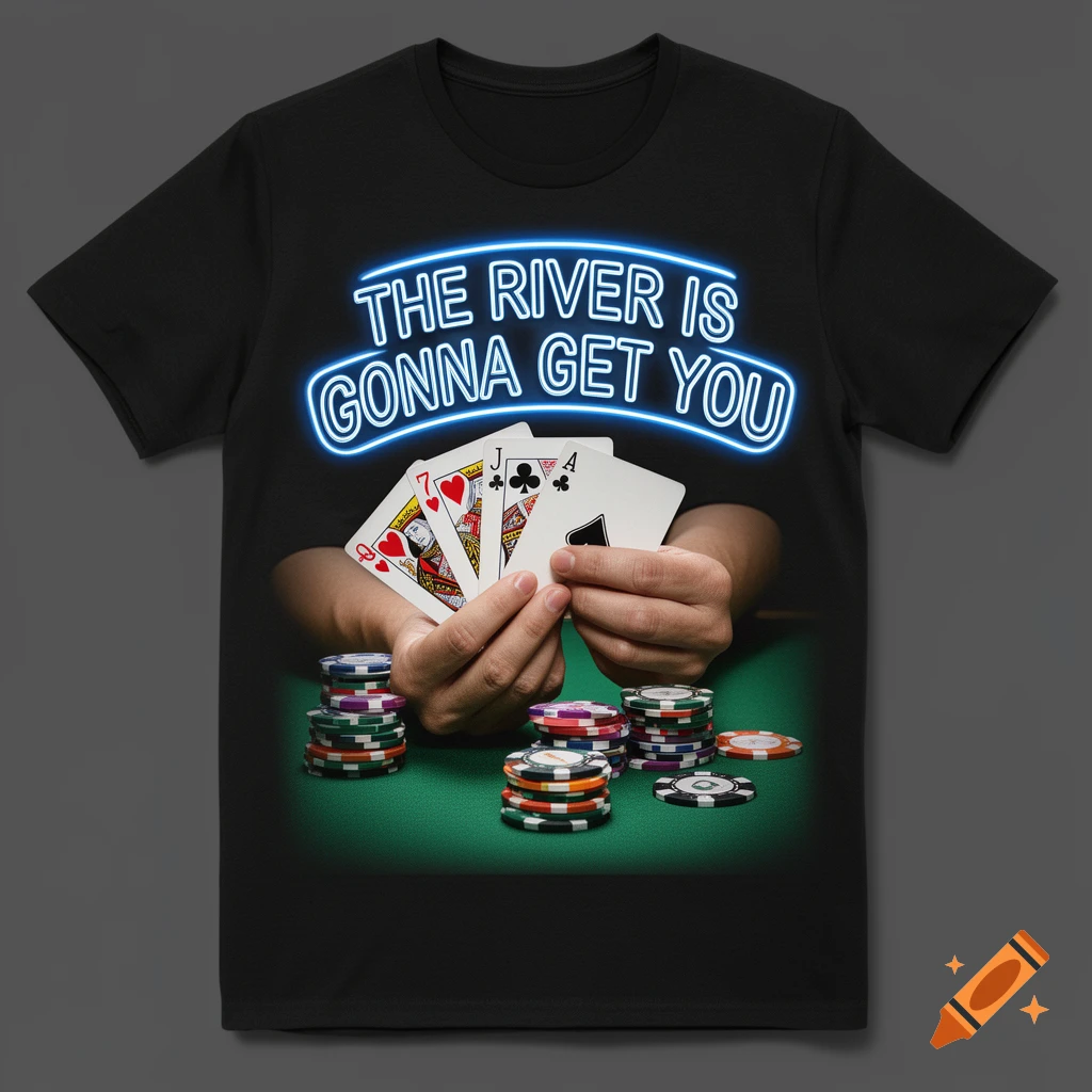 Black t-shirt with a poker design featuring hands holding cards, poker chips, and blue neon text "THE RIVER IS GONNA GET YOU".