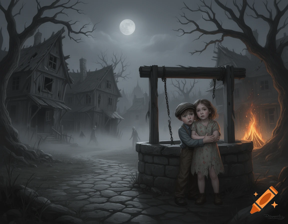 Two sad children stand by a well in a dark, foggy, ruined village with a full moon and distant fire, digital painting.