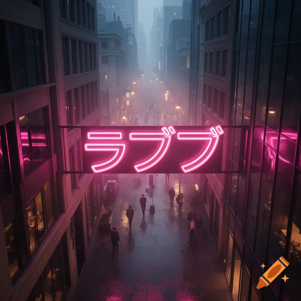 Rainy city street at night with a large pink neon sign reading 'ラブブ' (rabubu) over pedestrians, in a cyberpunk style.