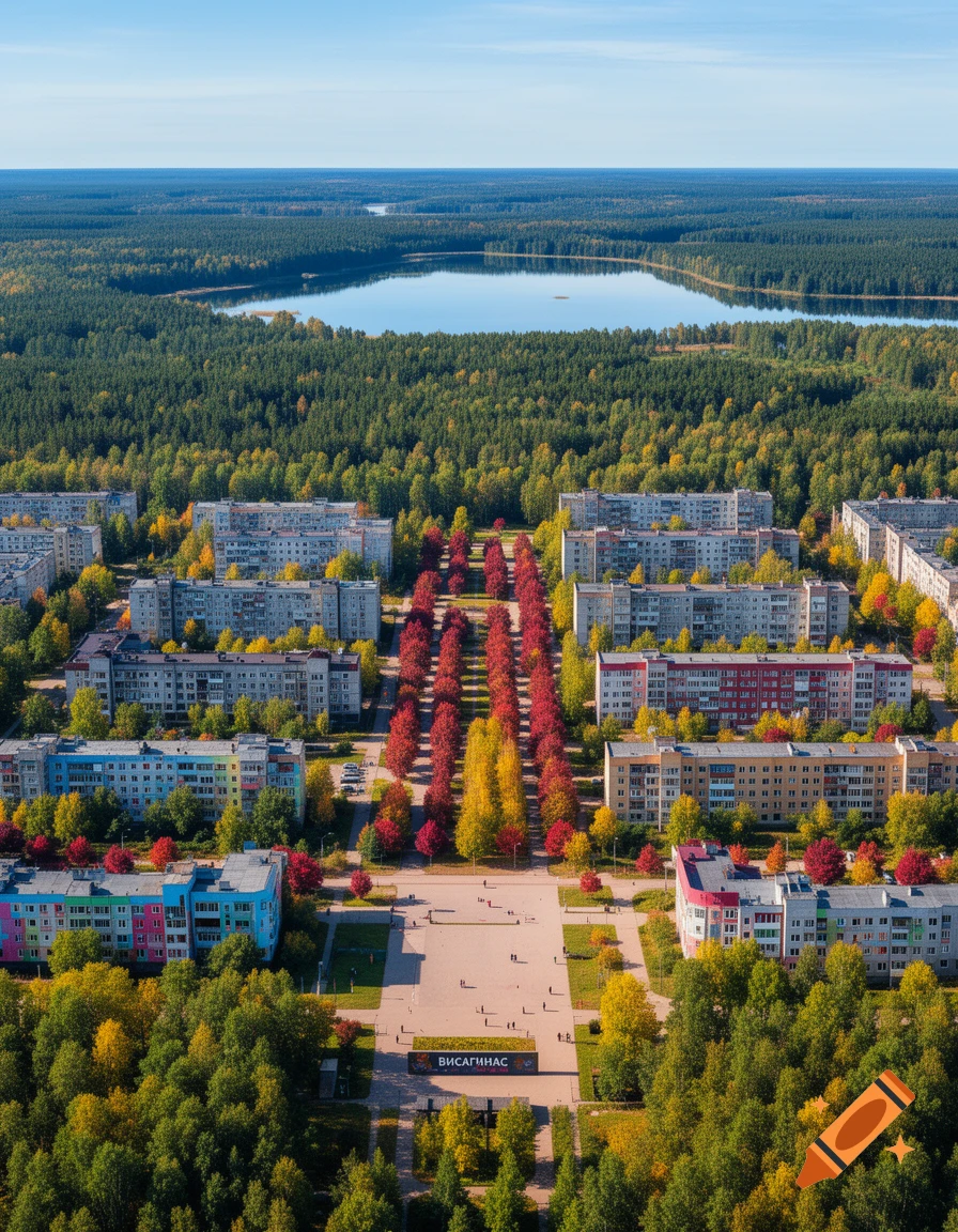 Aerial view of a town nestled between forests and a lake, with residential buildings and rows of autumn trees in vibrant reds and yellows.