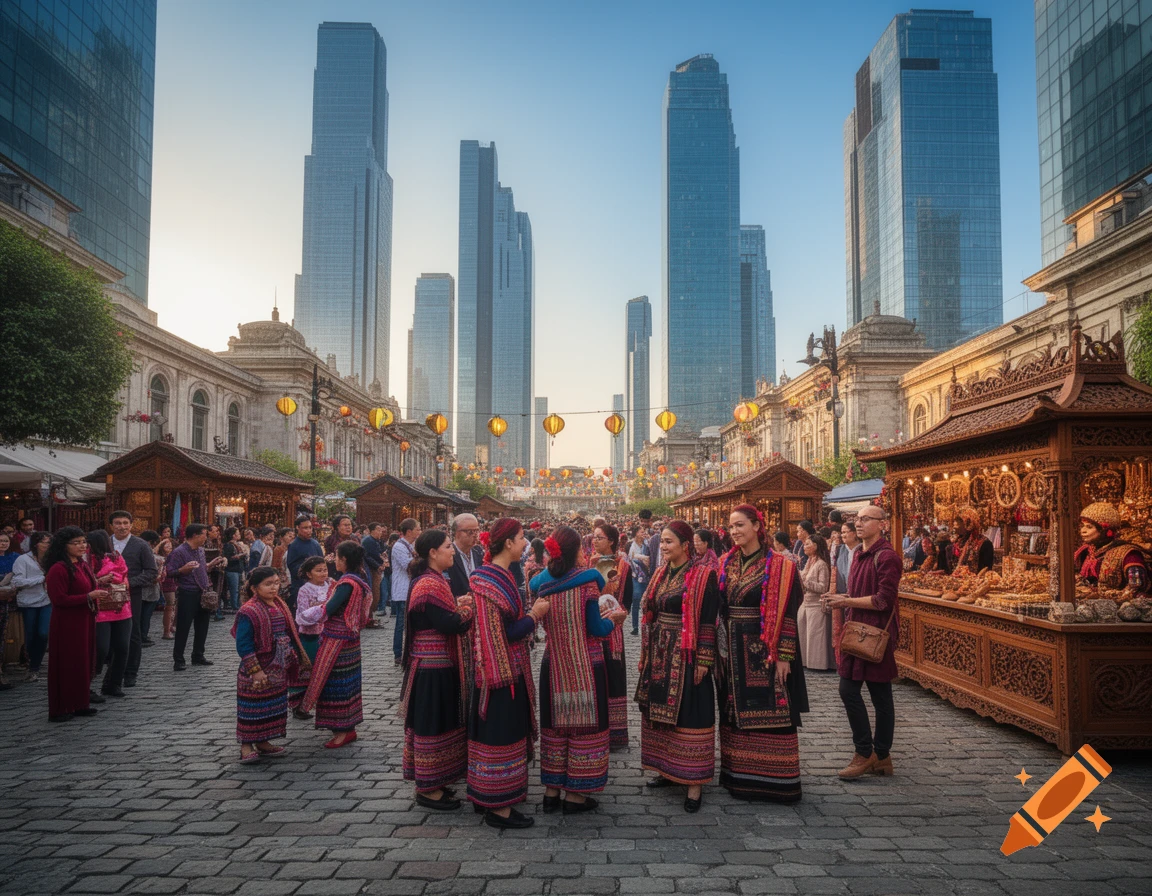 A vibrant street market scene with people in traditional attire, set against a backdrop of modern skyscrapers and a clear sky.