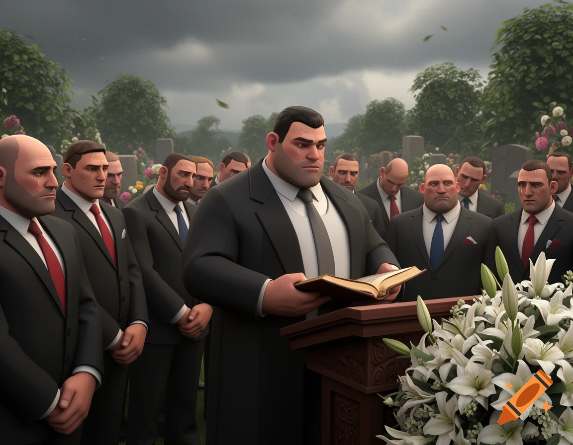 Stylized male characters in suits attend a funeral in a graveyard, with a large man in a suit reading from a book at a podium, surrounded by white lilies.
