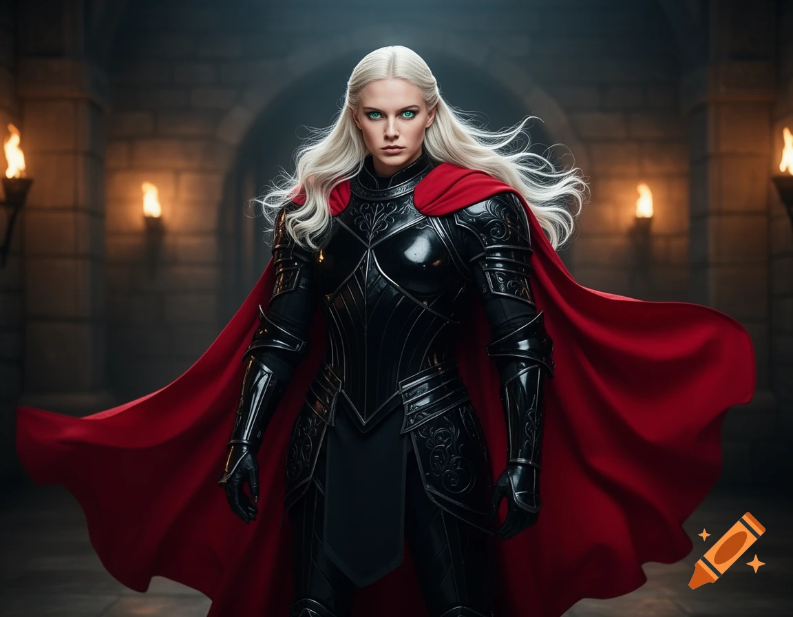 A photorealistic image of a woman warrior with platinum blonde hair and blue-green eyes, wearing black armor and a flowing red cape in a stone castle hallway.