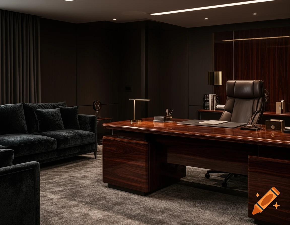 A luxurious, dark-toned office featuring a large wooden desk, a leather office chair, and a dark velvet sofa.