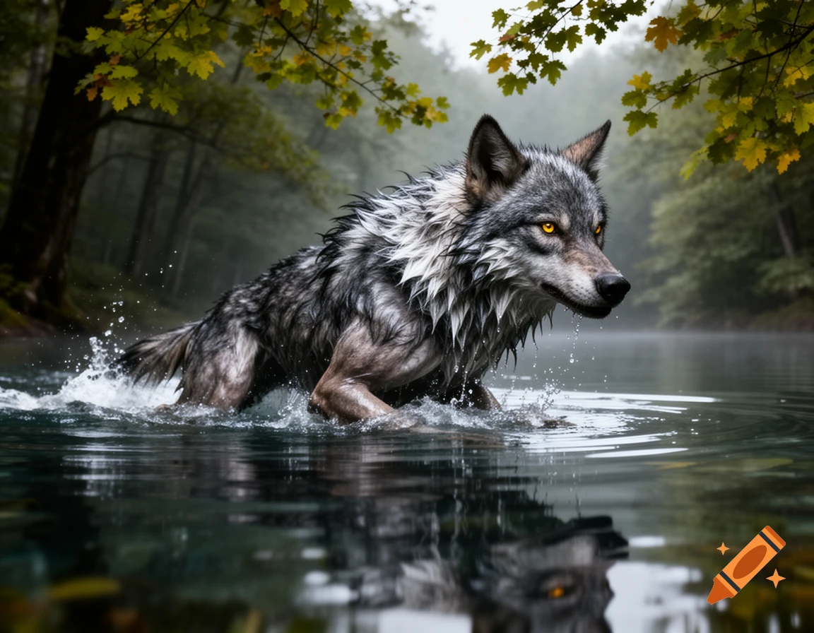 A wet grey wolf with glowing yellow eyes wades through water, creating splashes, with a forest reflecting in the background.