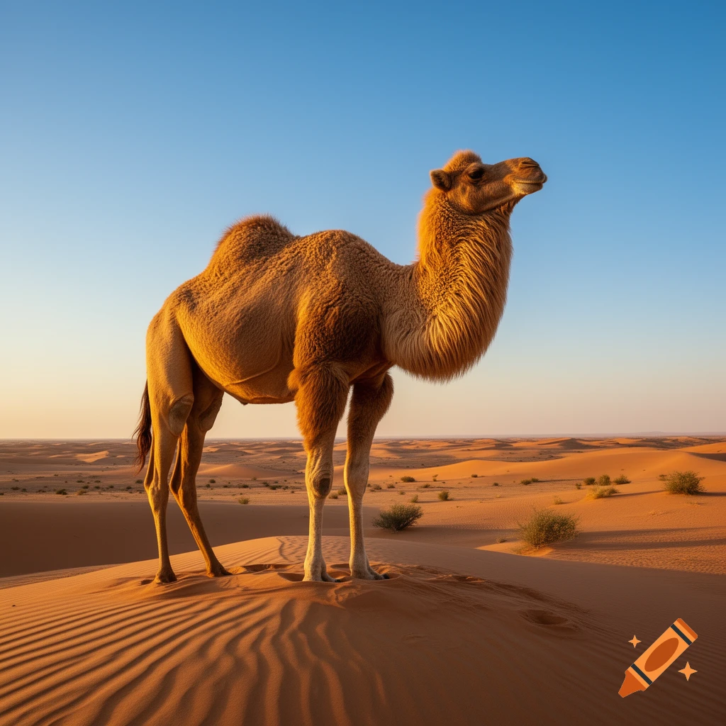 A photorealistic dromedary camel stands on a golden sand dune in a vast desert under a clear blue sky at sunset.