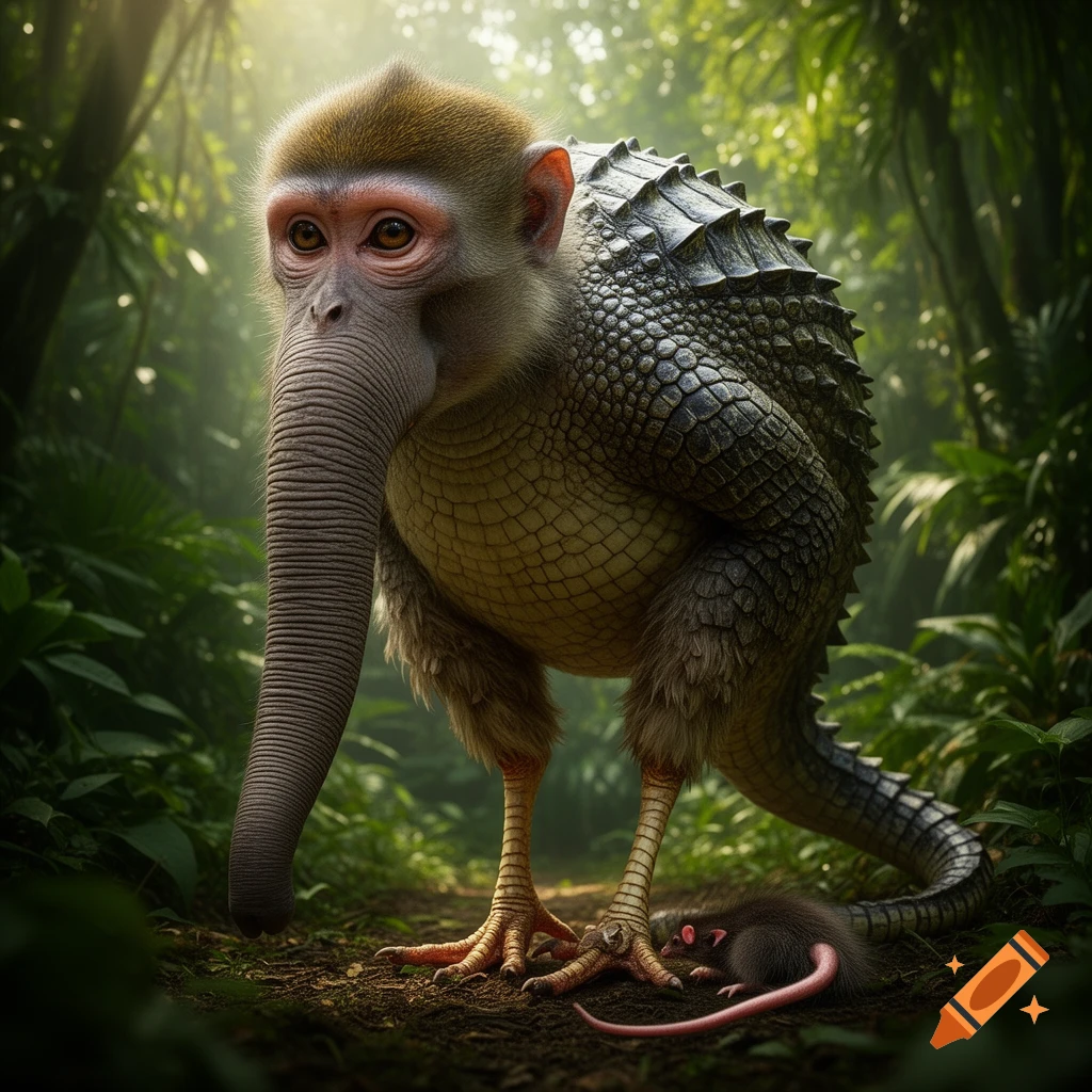 A photorealistic creature with a monkey head, elephant trunk, crocodile body, chicken legs, and a rat tail stands in a sunlit jungle.
