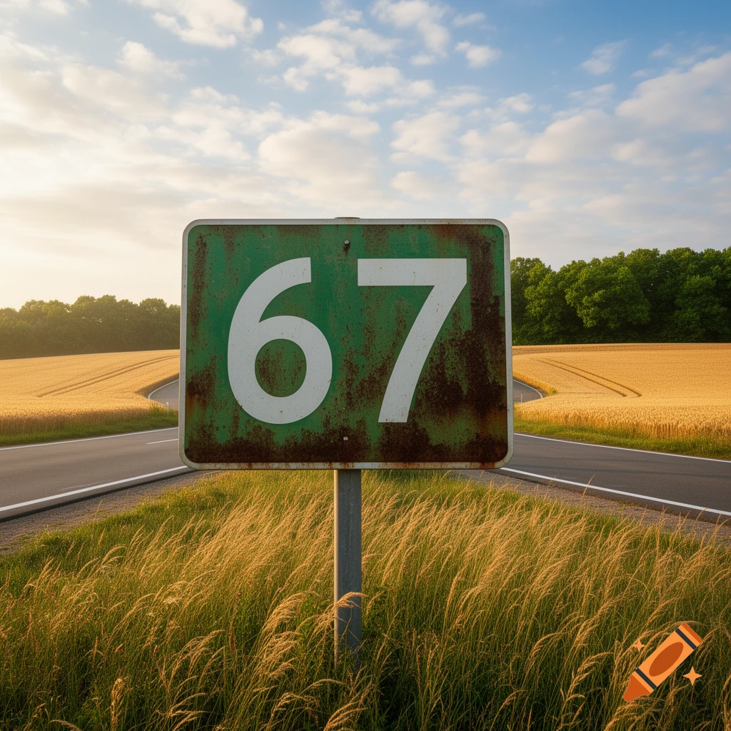 A rusty green road sign displaying '67' stands at a fork in a rural road, surrounded by golden fields under a blue sky.