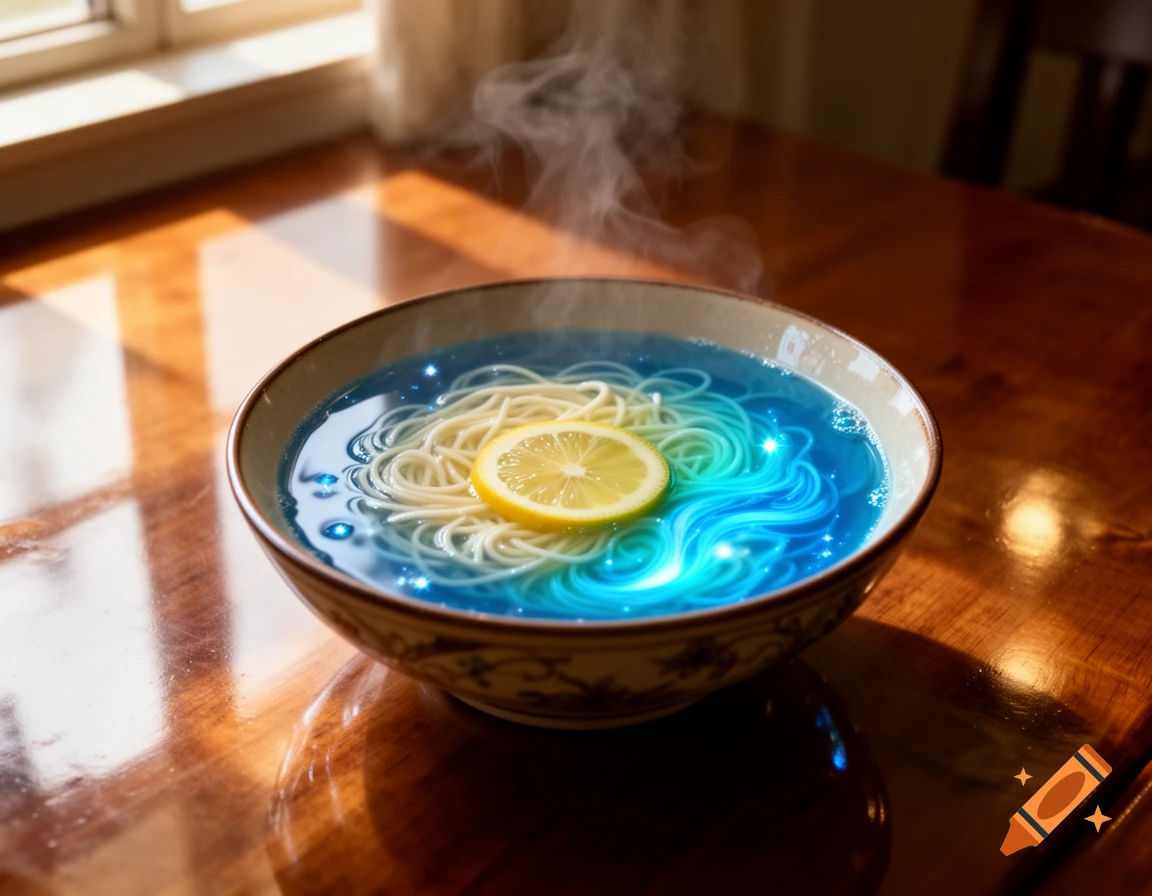 Steaming bowl of noodles with glowing blue broth and a lemon slice on a wooden table near a sunlit window.