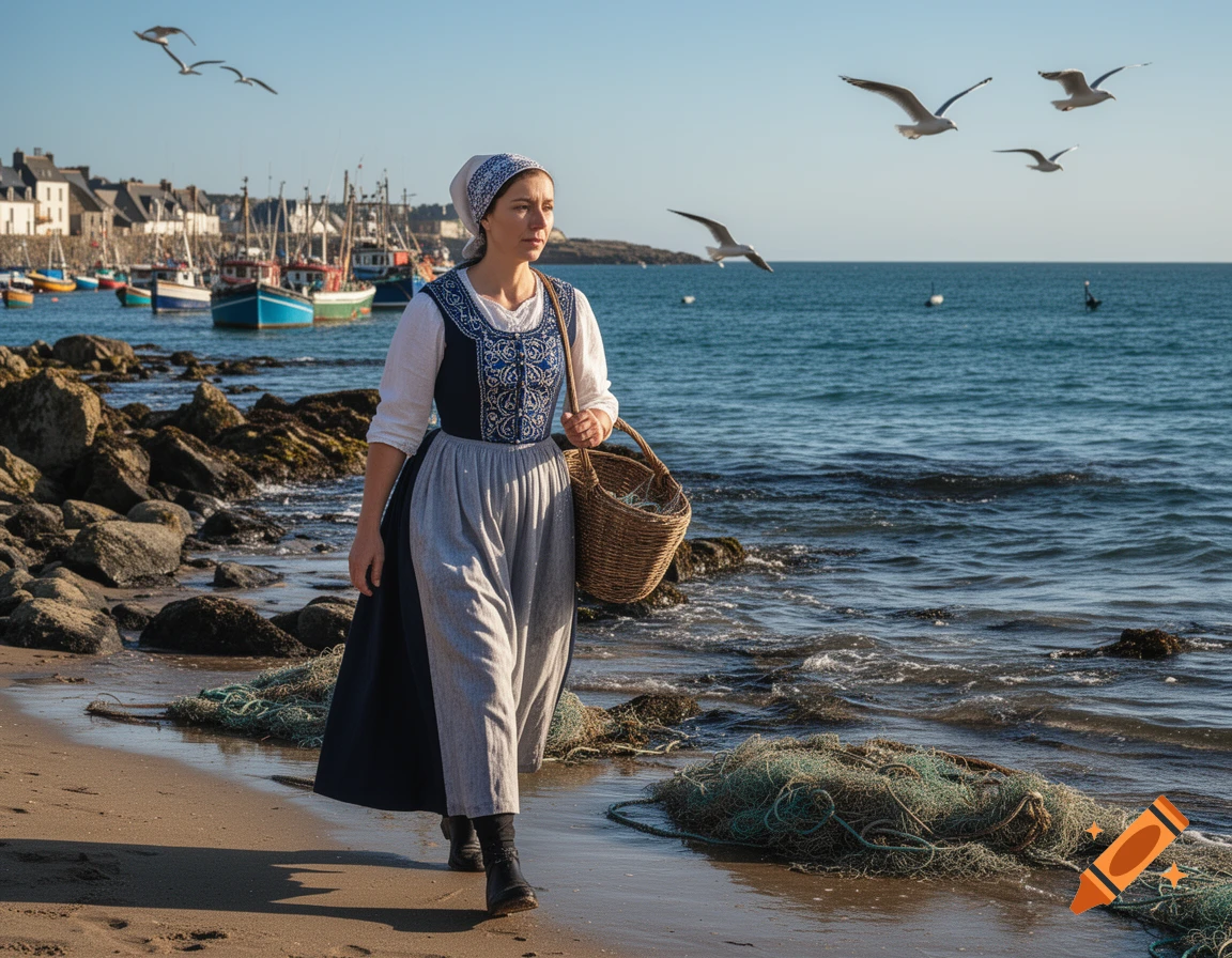 A woman in traditional Breton costume walks along a rocky beach with a basket, fishing boats and seagulls in the background.