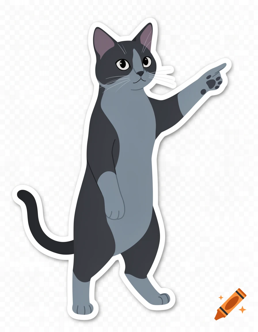 Cartoon gray cat sticker standing on its hind legs, pointing its paw to the right.