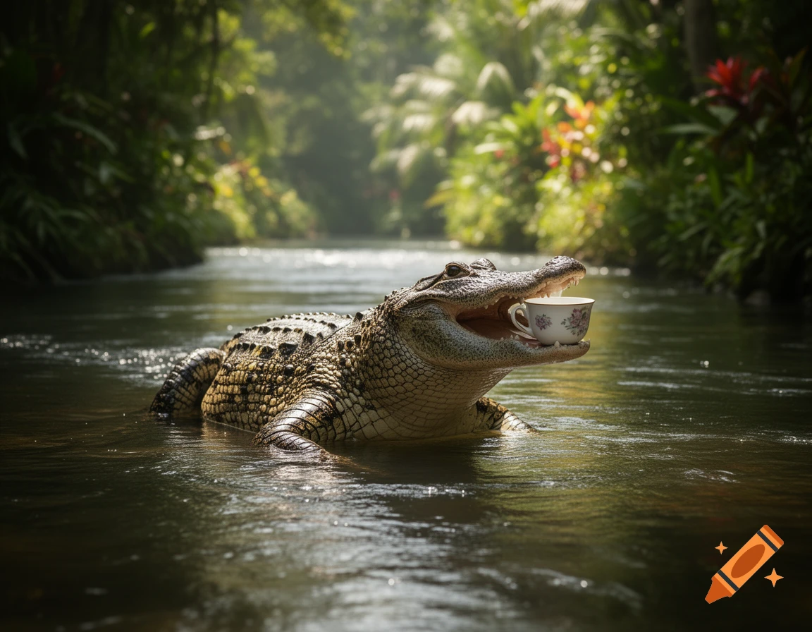 A photorealistic alligator holds a small floral teacup in its mouth while partially submerged in a river with a lush jungle.