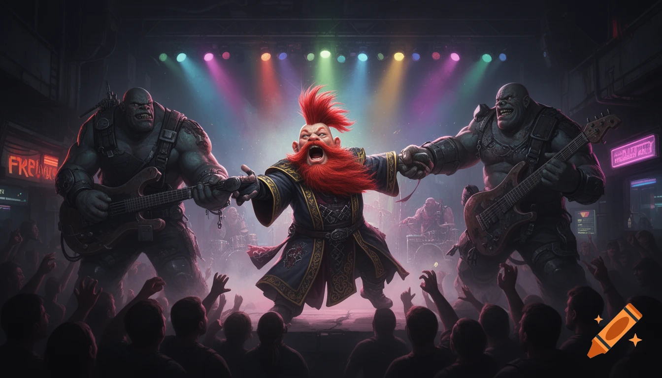 A dwarf lead singer with a red mohawk and beard performs on stage with two large troll-like guitarists under colorful spotlights, in a dynamic concert scene.