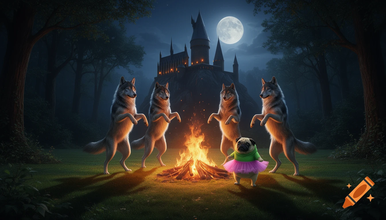 Four majestic wolves and a pug in a pink tutu dance around a campfire at night, with a Hogwarts-like castle.