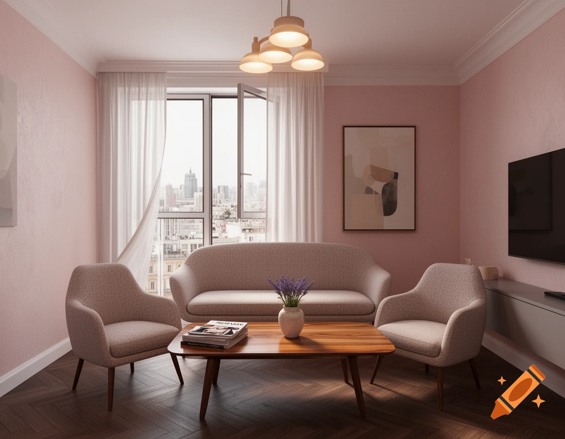 Photorealistic modern living room with pink walls, light gray sofa and armchairs, a wooden coffee table with a magazine and flowers, and a large window overlooking a city.