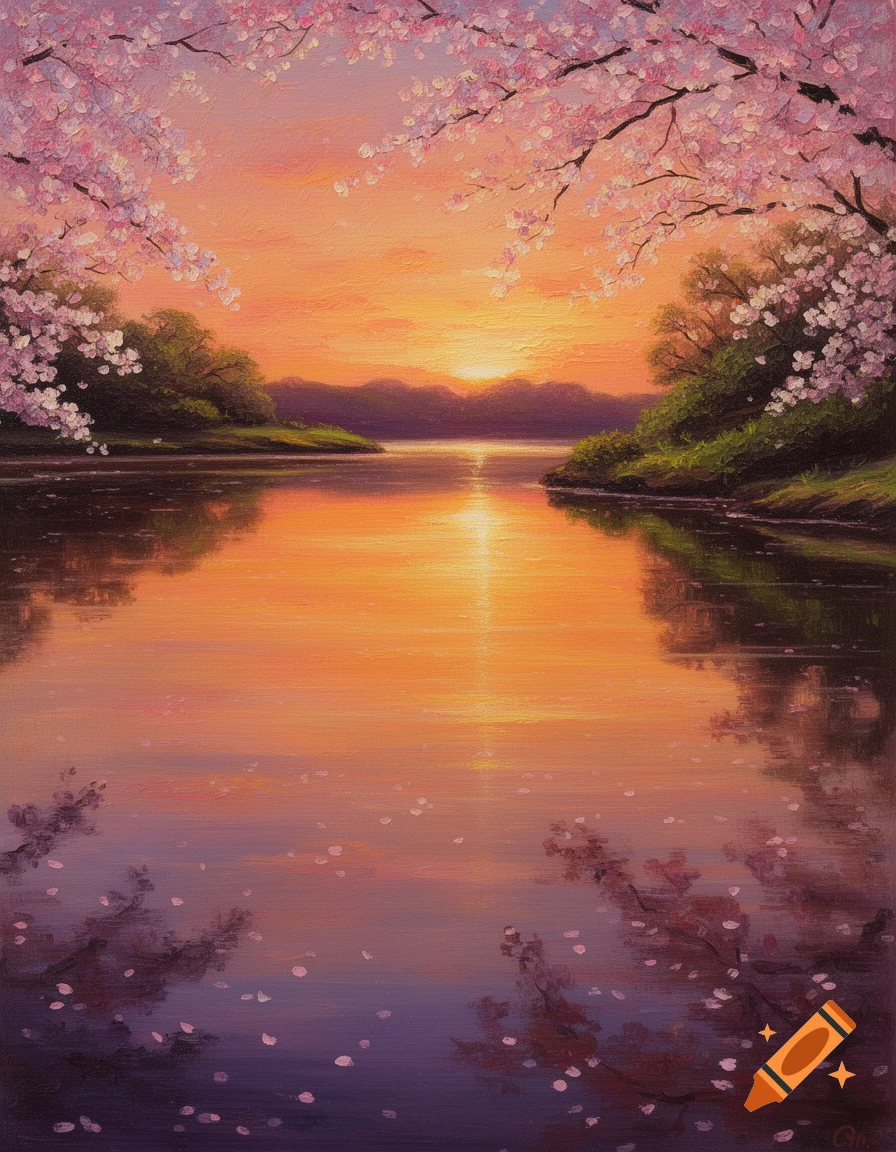 Vibrant oil painting of a sunset over a river, framed by pink cherry blossoms, with petals floating on the water.