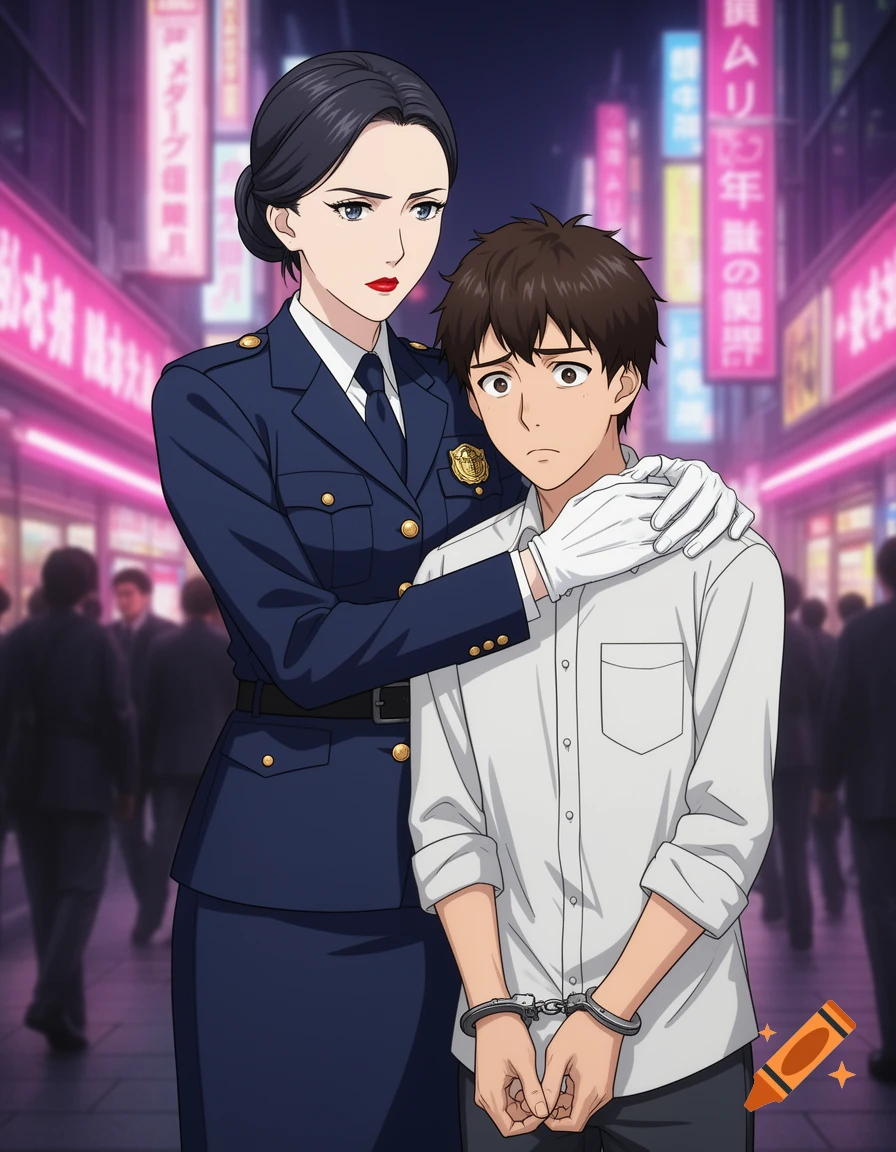 An anime policewoman in uniform with white gloves places her hand on the shoulder of a nervous, handcuffed young man on a neon-lit street.