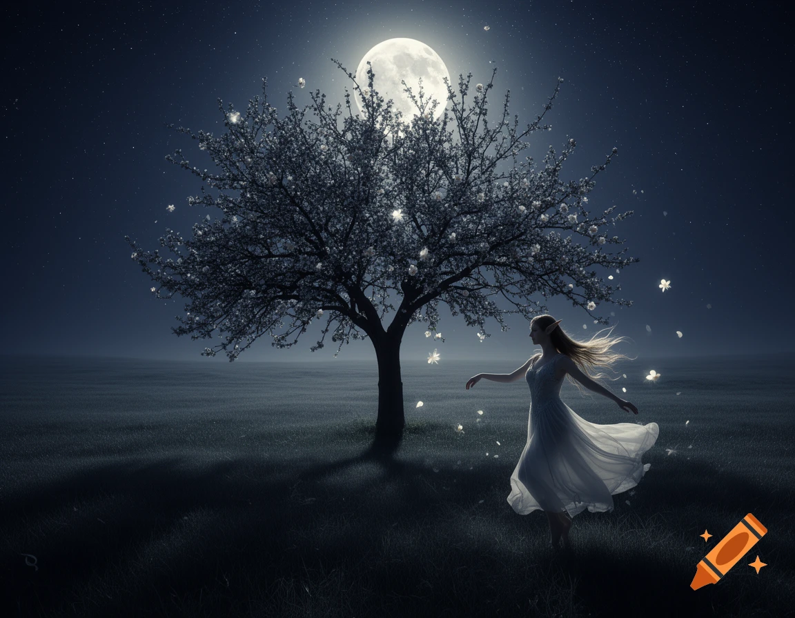 A dreamy night scene with a silhouetted elf dancing in a flowing dress under a full moon next to a glowing tree.
