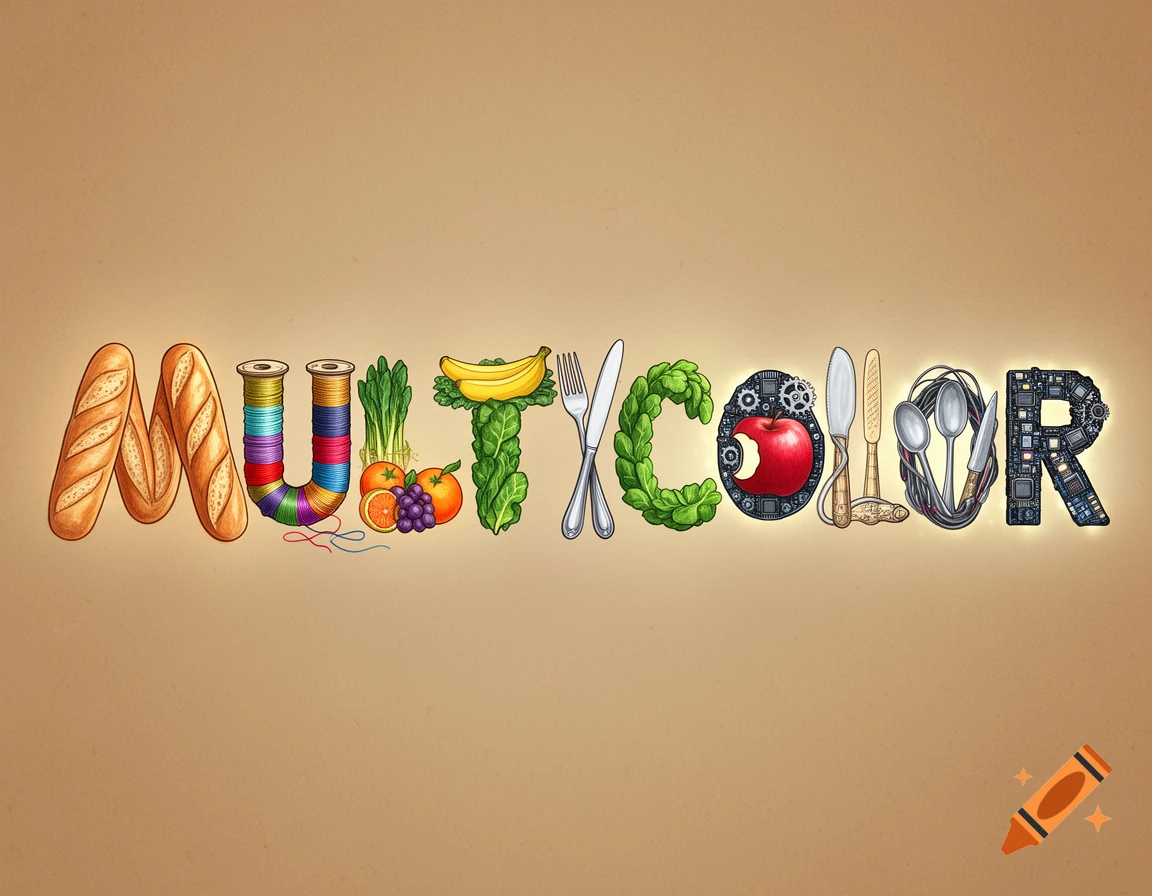 Stylized illustration spelling 'MULTICOLOR' with letters made from bread, sewing spools, fruits, vegetables, cutlery, and tech items.