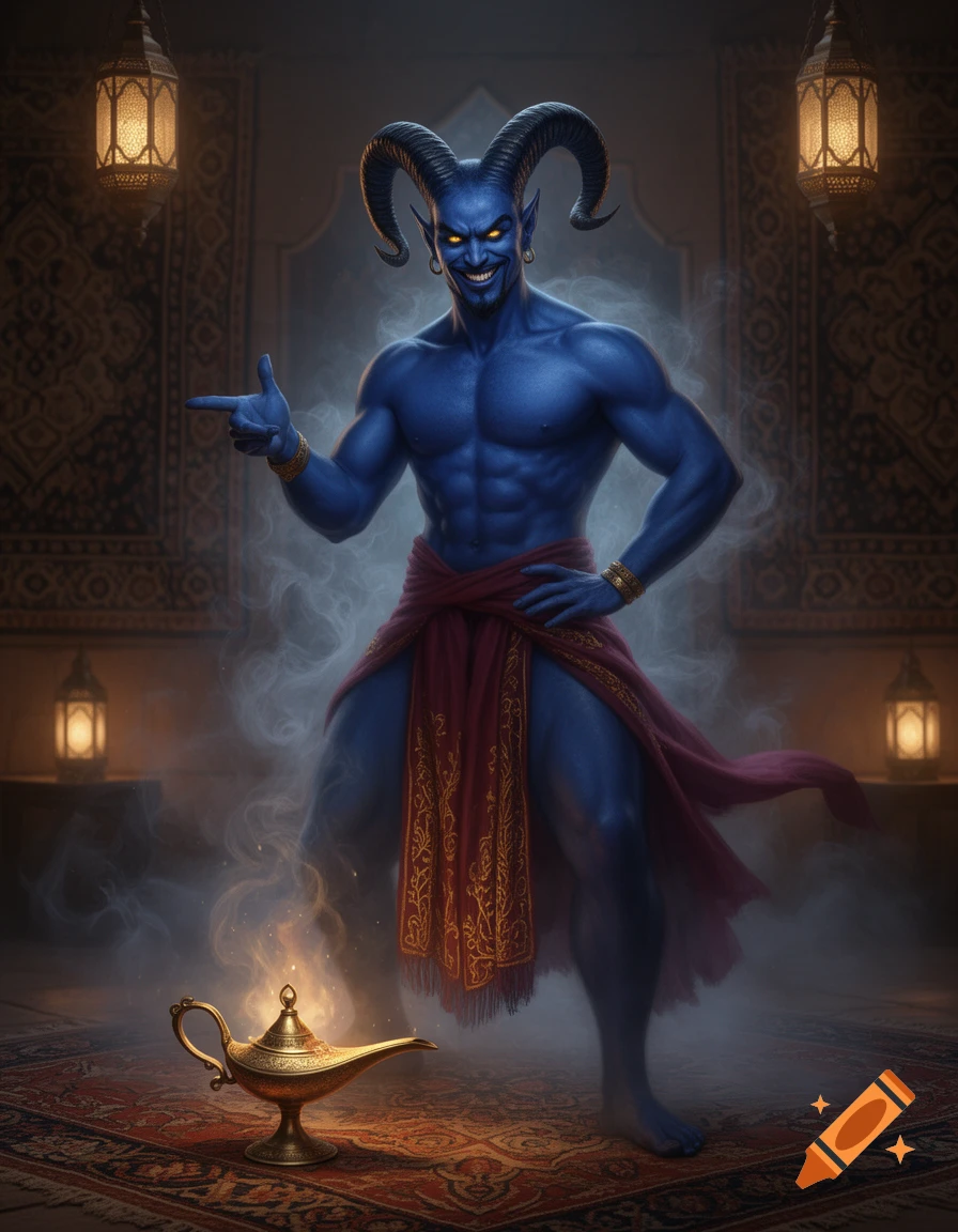 A muscular, blue-skinned djinn with horns, golden eyes, and a mischievous smile points while standing over a magic lamp in an ornate room with lanterns.