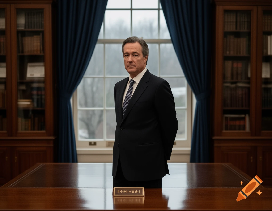 A man in a dark suit stands behind a large wooden desk in a stately office with bookshelves and a large window, looking at the viewer.