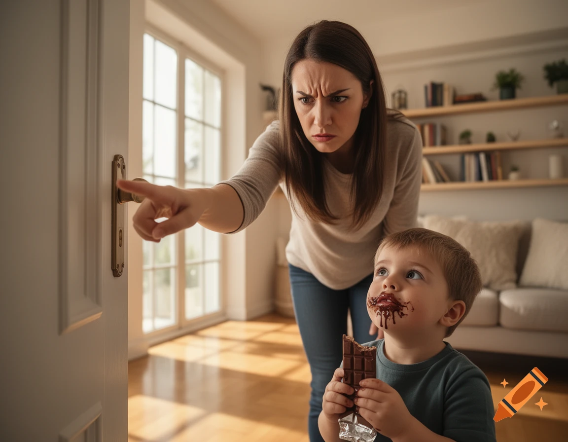 An angry mother points to a door while a young child with chocolate smeared on his face holds a chocolate bar.