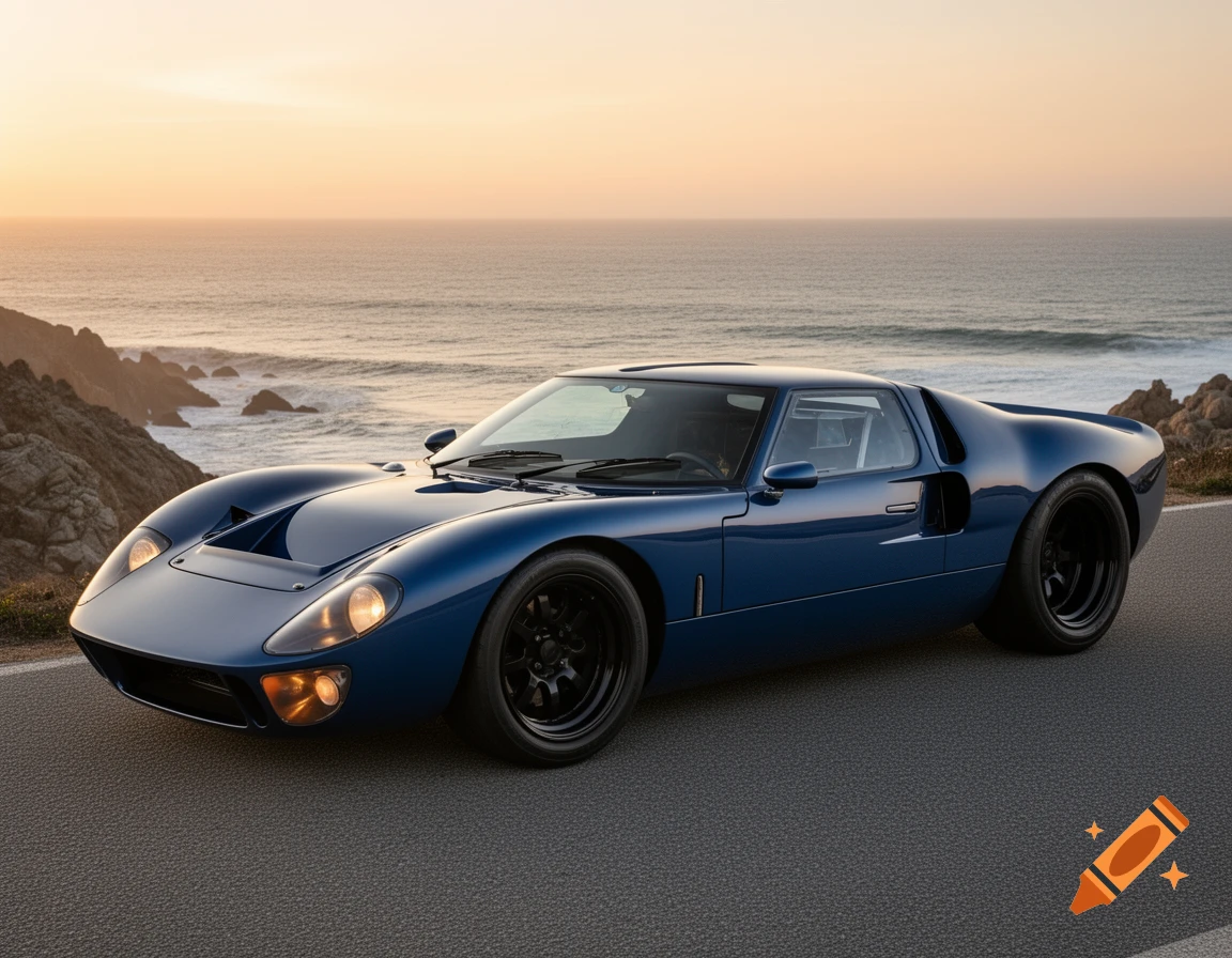 A dark blue classic sports car resembling a Ford GT40 on a coastal road overlooking the ocean at sunset.