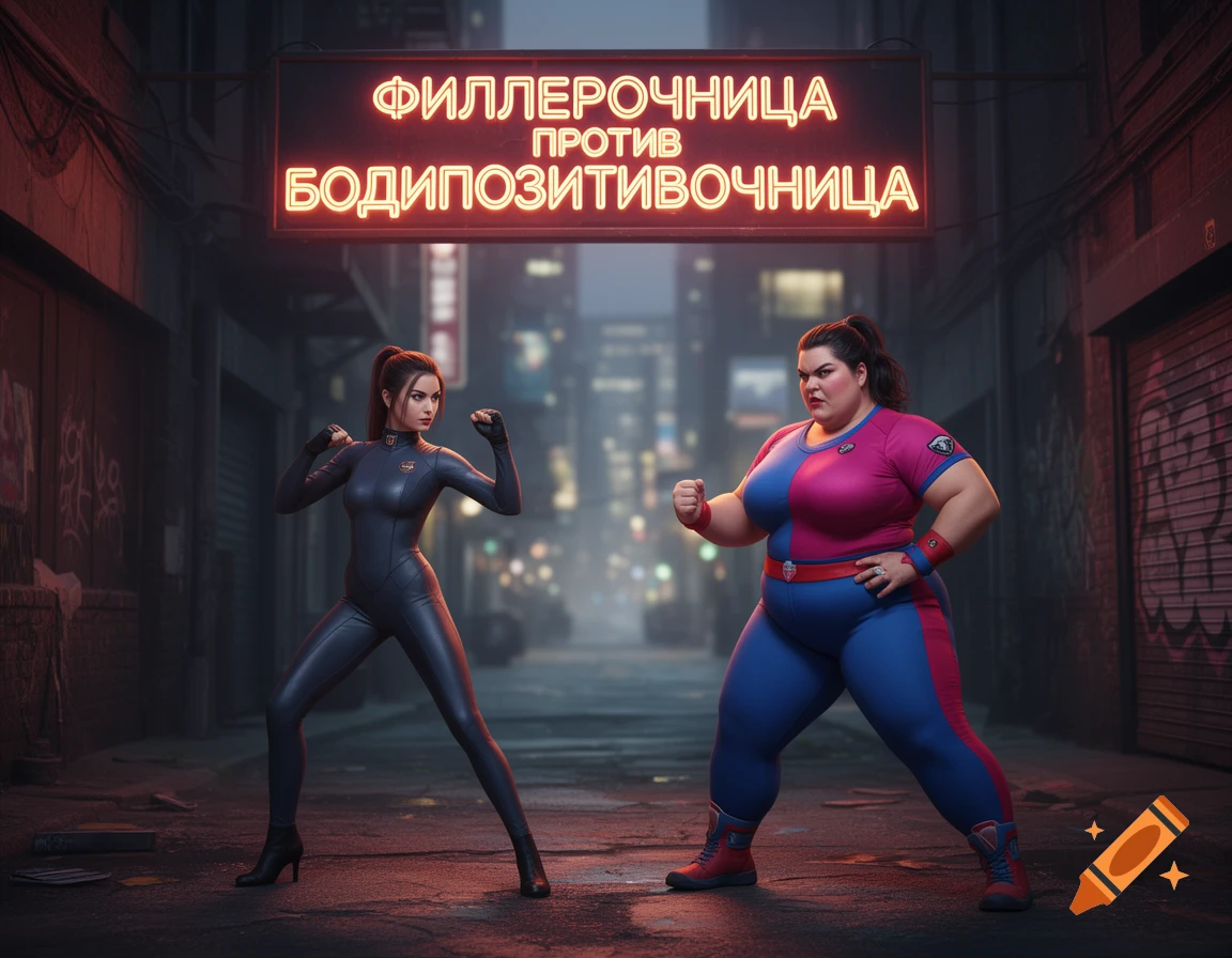 Two women, one slender in black, one plus-sized in pink and blue, in fighting stances in a dark urban alley under a neon sign, photorealistic.