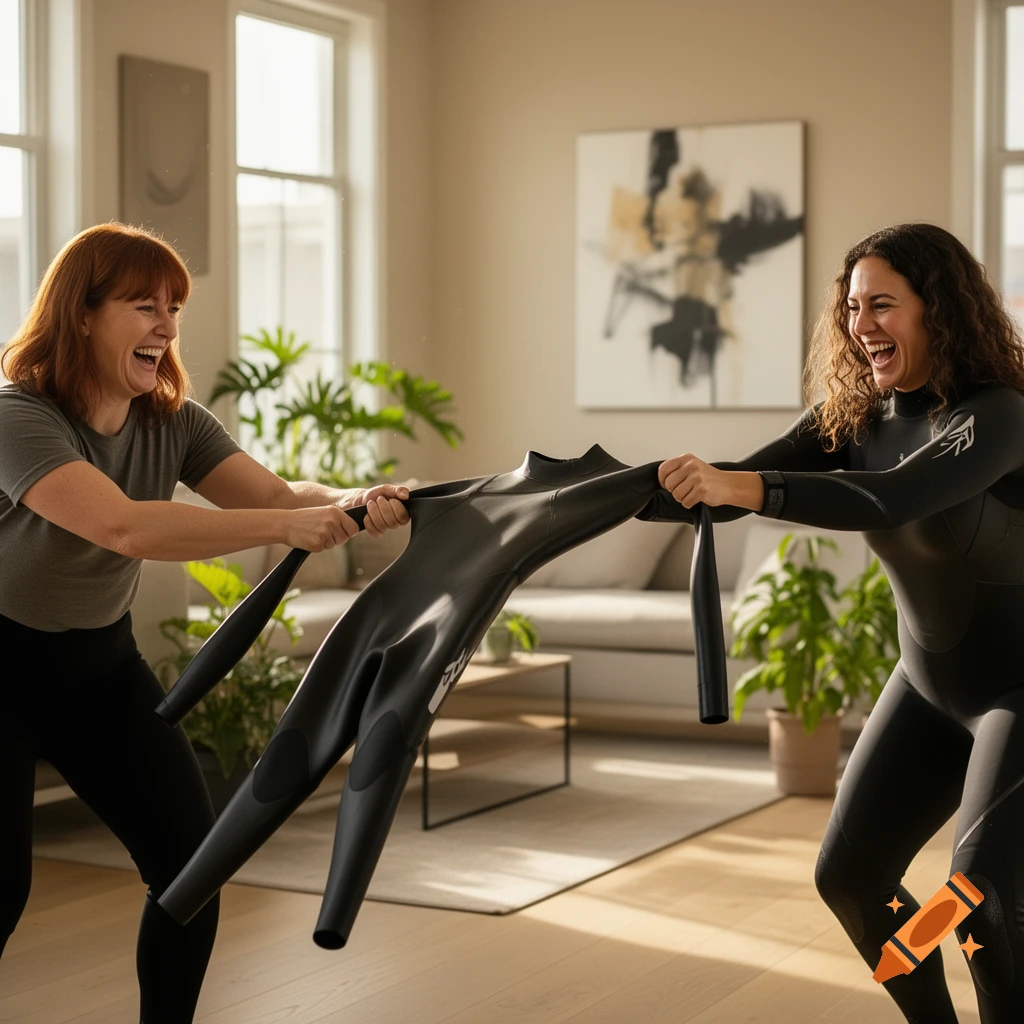 Two laughing women play tug-of-war with a black wetsuit in a bright, modern living room.