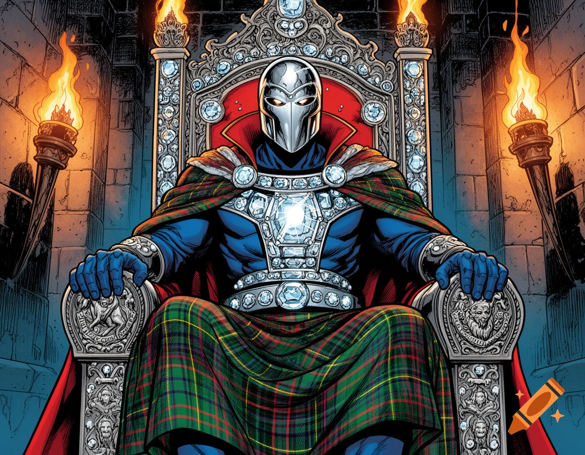A masked, armored Destro in a tartan kilt sits on an ornate, jewel-encrusted throne in a comic book art style.