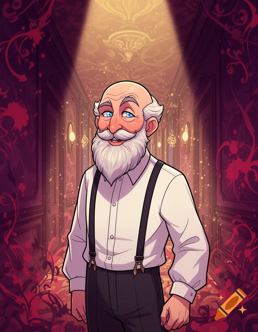 An old, bald man with a white beard and blue eyes, wearing a white shirt and suspenders, stands in a stylized, richly patterned hallway.