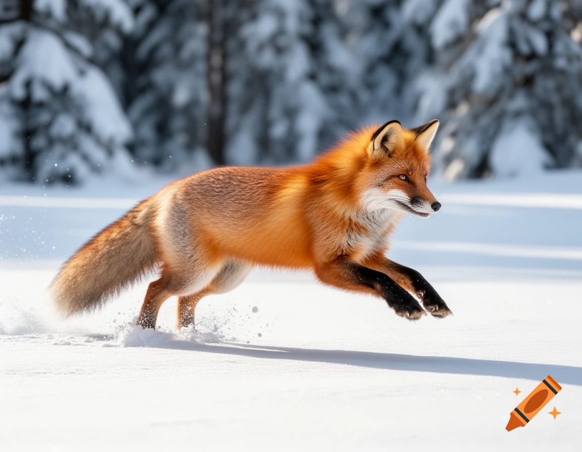 A vibrant red fox leaps through deep white snow in a sunny forest, snow spraying from its paws, photorealistic.