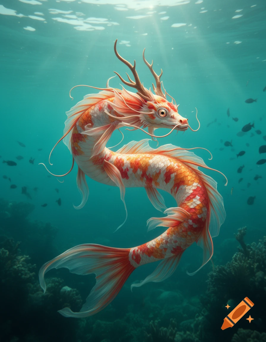 Detailed illustration of a majestic koi sea dragon with antlers swimming underwater, sunlight streaming through.