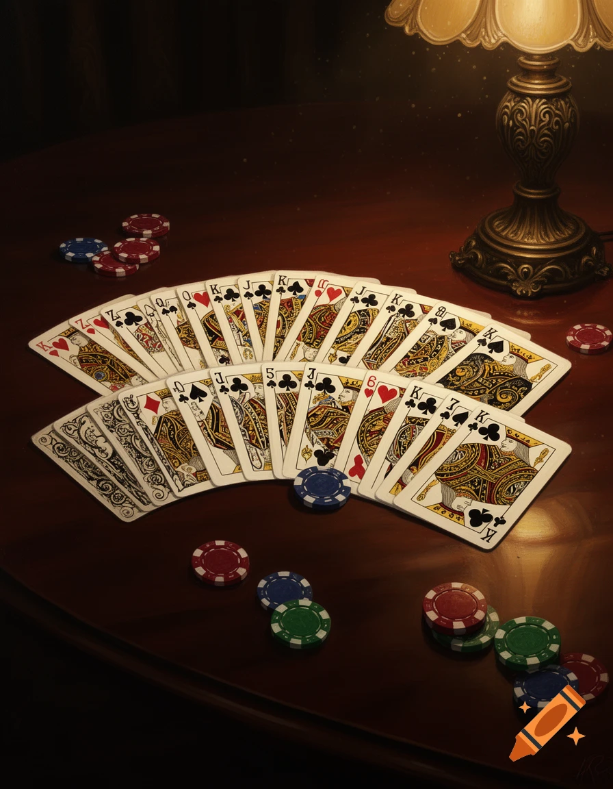 A fan of playing cards and scattered poker chips are on a dark wooden table, lit by a lamp.