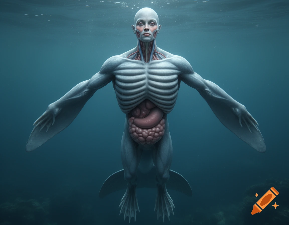 A human-like marine creature with exposed ribs and internal organs, paddle-like arms, and fin-shaped feet swims underwater.
