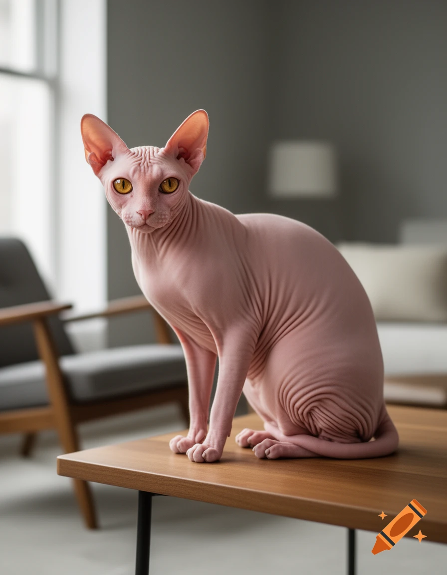 A photorealistic image of a pink Sphynx cat with amber eyes, sitting elegantly on a wooden table in a minimalist room.