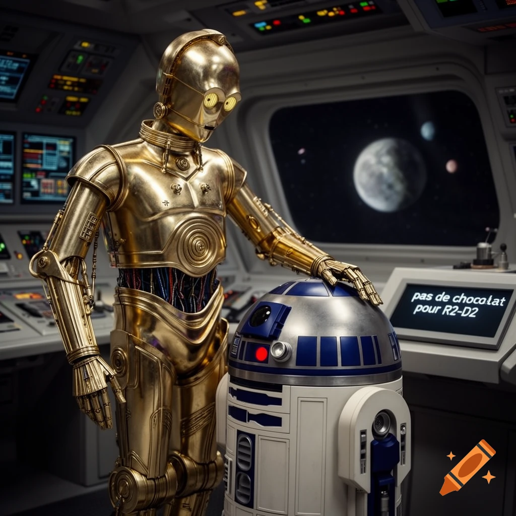 C-3PO comforts R2-D2 in a spaceship cockpit with a planet visible outside. A screen displays 'no chocolate for R2-D2'.